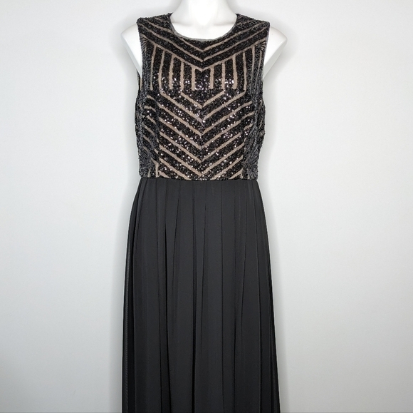 Xscape black tan sequin & chiffon maxi dress gown 14 - Picture 2 of 11